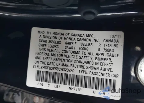 2012 Honda Civic Lx from USA, damaged, VIN 2HGFB2F58CH320820